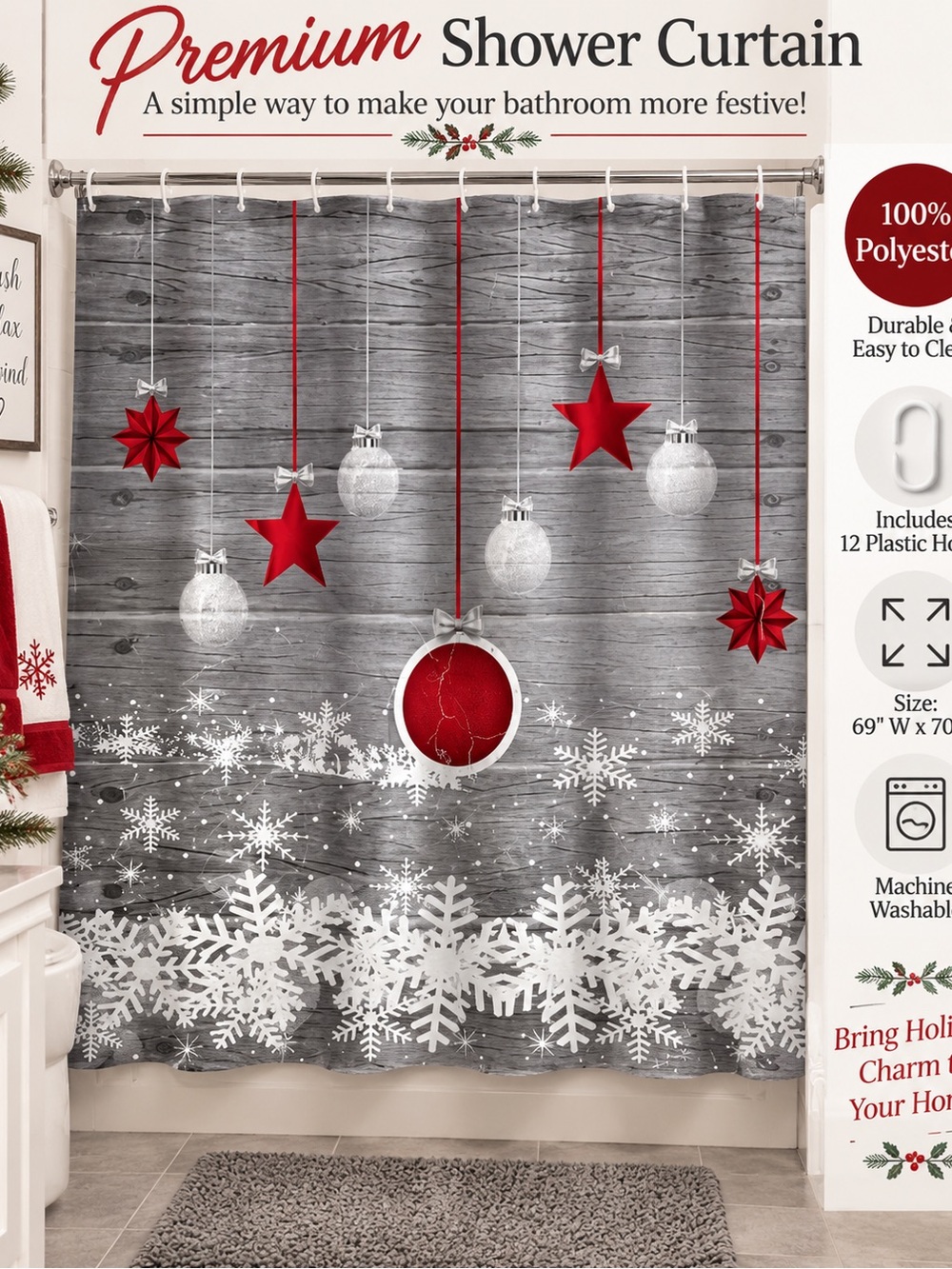 Premium Holiday Shower Curtain with Red and White Snowflake Ornaments